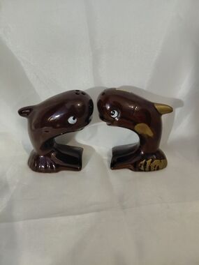 Source Unknown Brown Ceramic Whales  Salt & Pepper Shaker Set with Gold Accents